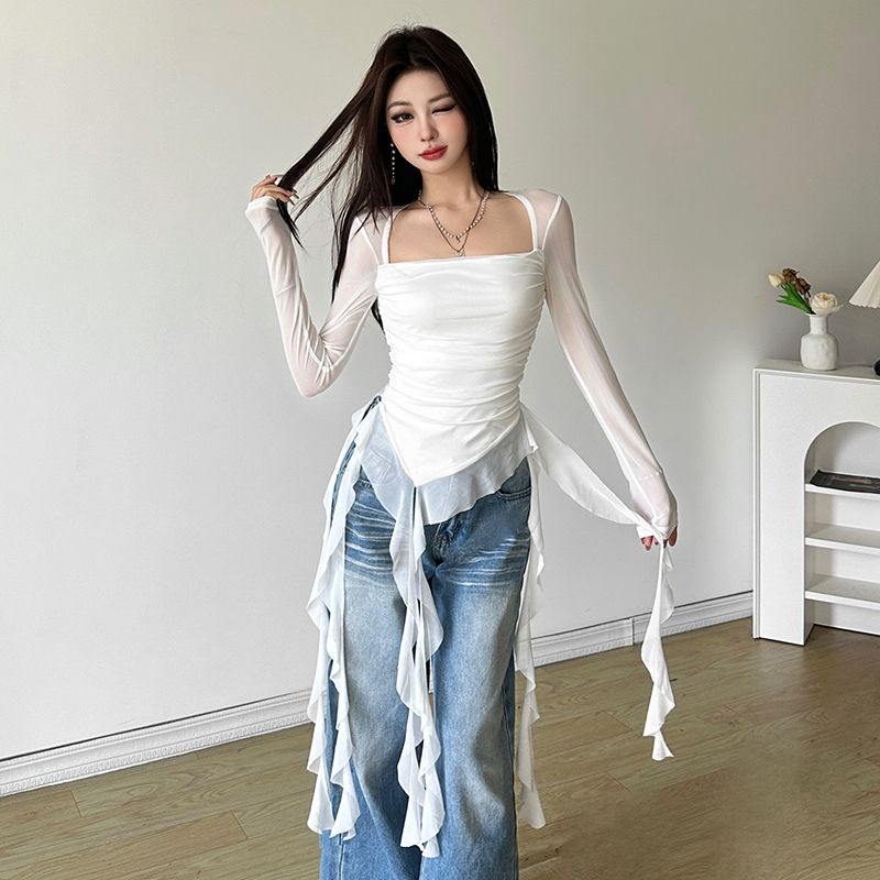Sexy Women's Tops Fashion White Black Irregular Ribbon T-shirts for Women Long Sleeve Ruffles Slim Punk Tops Female Clothing Y2k